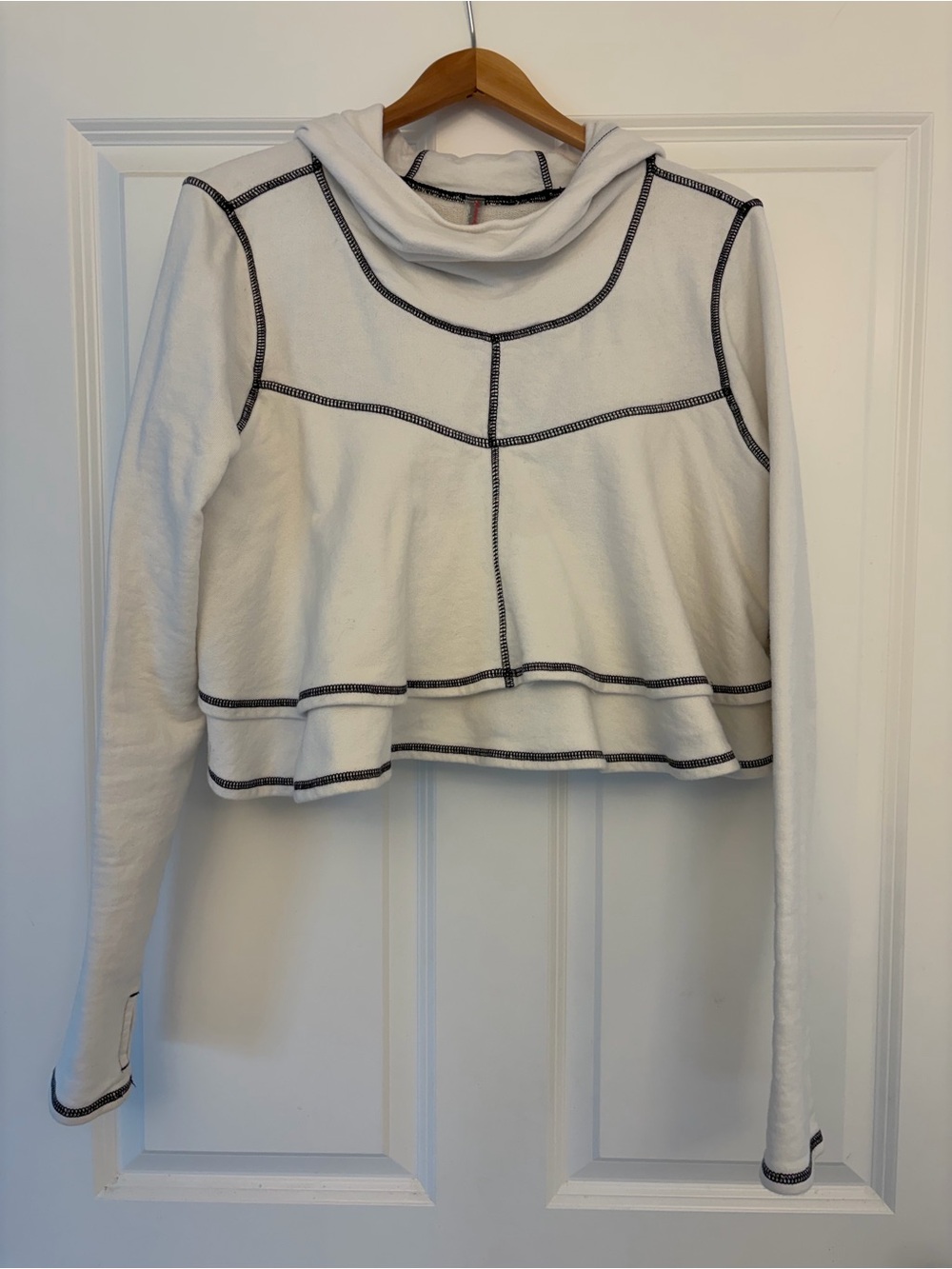 Free People Cropped White Hooded Sweatshirt with Contrast Stitching